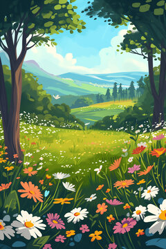Cartoon meadow spring country meadow landscape background of a springtime green pasture field with a blue summer sky and fluffy summertime clouds, stock illustration image