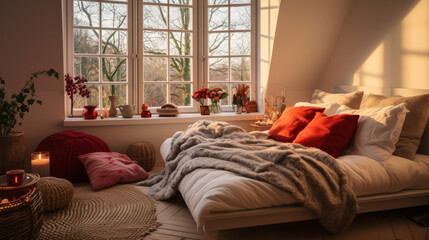 Comfortable bedroom with red cushions