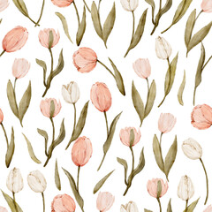 Seamless watercolor pattern with pink tulips