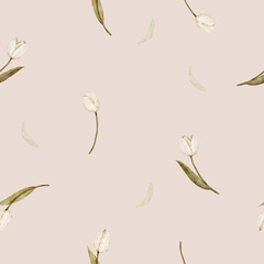 Seamless watercolor pattern with white tulips