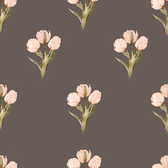 Seamless watercolor pattern with tulips bouquets