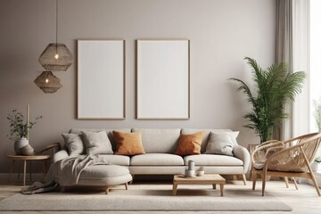 3D Rendered Living Room: Mockup Frame in a Cozy Bohemian Atmosphere




