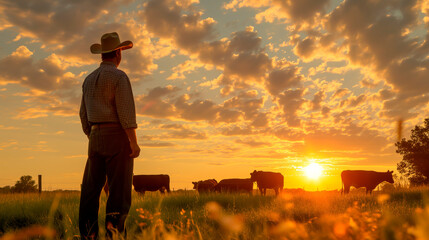 Farmer or Rancher gazing at sunset with cattle in field, concept of agriculture, planning.