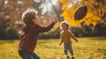 Kids playing football in autumn park, joyful childhood outdoors.