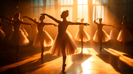 Ballet dancers practicing in sunlit studio, silhouettes against windows.
