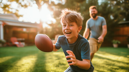 Joyful son playing football with father in backyard, family time, sunset.