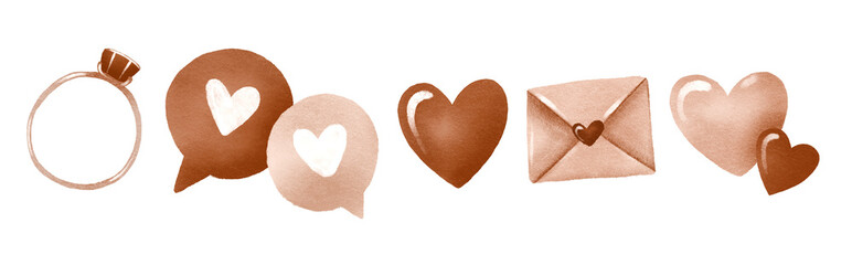 Set for Valentine's Day. The 14th of February. Cute set for lovers with hearts, proposal ring and envelope. Set items and gifts for lovers day on isolated background. Hand drawn illustration