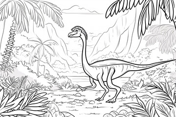 Therizinosaurus Dinosaur Black White Linear Doodles Line Art Coloring Page, Kids Coloring Book
