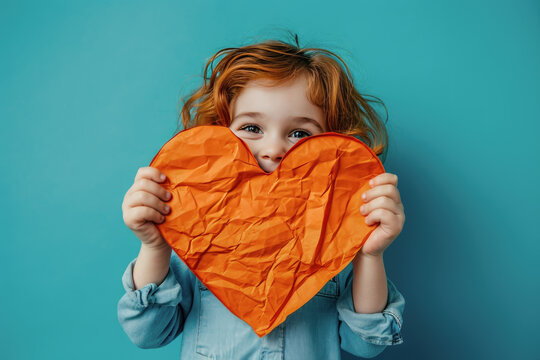 ni&ntilde;o pelirrojo  sosteniendo un coraz&oacute;n de cartulina arrugado de color naranja hecho por el para su madre y su padre  sobre fondo azul. Concepto dia de la madre, dia del padre 