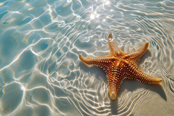 Fototapeta na wymiar Tranquil Shore with Starfish Resting in Sunlit Crystal Clear Waters