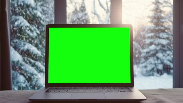 Laptop with replaceable chroma key screen on desk before wide window with winter forest sight, looped footage