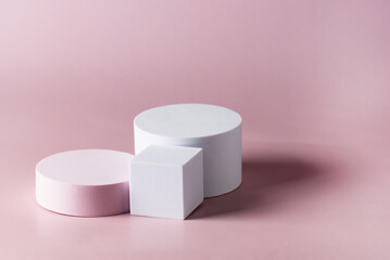 Pink background for product presentation with shadows and light. Empty white podiums Mockup Horizontal Copy Space Minimal