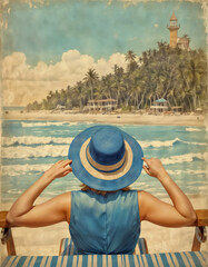 A woman in a blue dress and hat sits on the beach in a chair and looks at the ocean. Vintage style