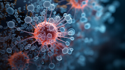 A bright close up microscopic photo of a coronavirus. Bacteria microphotography healthcare concept.