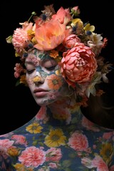 Gorgeous girl with wreath on hair , body art paintings on neck, shoulders and face, painting flowers, make up model with naked shoulders.
