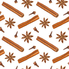 Watercolor seamless pattern with cinnamon sticks, star anise and cloves on white background. Ingredients and seasonings for mulled wine. Hand painted food illustration. For design, menu, textiles