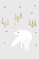 雪景色の中のホッキョクギツネ　寒中見舞い　カードデザイン