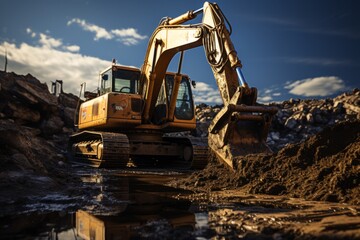 Construction site excavator digger miner excavation building mud heavy powerful hydraulic machinery industrial equipment working engineer professional digging mining carry bulldozer dirt workplace
