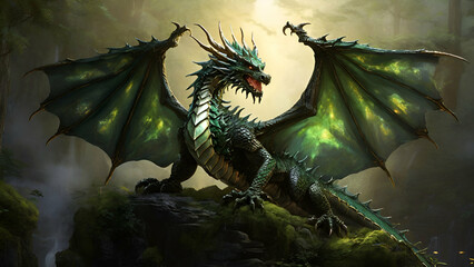 dragon on the hill ,In a verdant forest, a regal dragon takes flight, its powerful wings beating against the air as it breathes flames into the sky. Its scales, a mesmerizing blend of gold and green, 