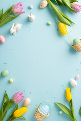 Springtime splendor: tiny ceramic bunnies, fresh tulips, sprinkles, and eggs on a pastel blue canvas. Capture the essence of Easter with this delightful table vertical top view arrangement - obrazy, fototapety, plakaty