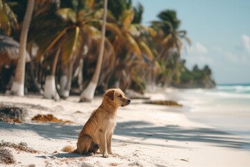 cute dog sitting on a tropical beach with palm trees in the background