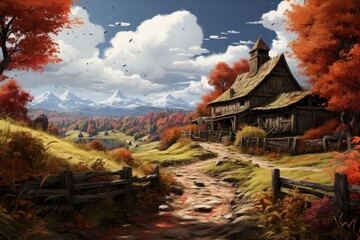 An old barn surrounded by autumn leaves in a rural area