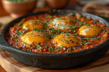Eggs baked in a spicy tomato sauce, sprinkled with parsley and Parmesan.