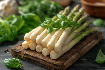 Fresh white asparagus and ramson leaves on chopping board
