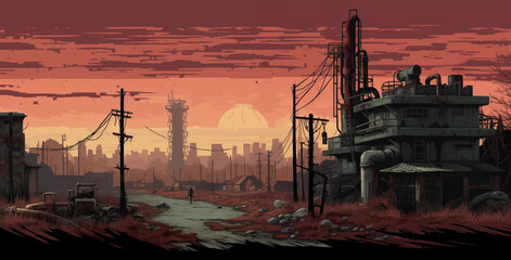 Sunrise above post apocalyptic town