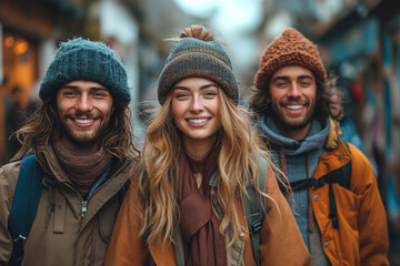 Cheerful friends are walking along a city street