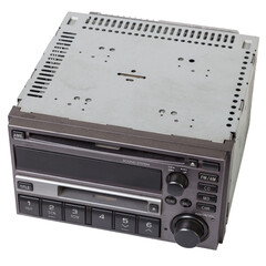 Obraz premium an media audio system and a radio in gray and black plastic of car with cd and mp3 music on white isolated background