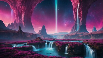 A mystical valley with floating islands, waterfalls cascading into the void, under an aurora of vibrant purples and pinks Generative AI