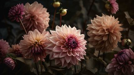 Dahlia blooms in a flower bed from unique perspectives