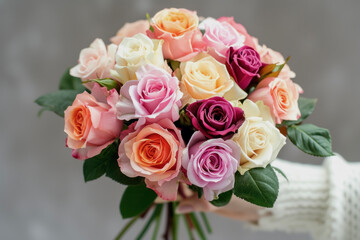 Romantic Bouquet Composed of Various Roses Being Held. The Elegant and Charming Flowers Express Love and Passion.