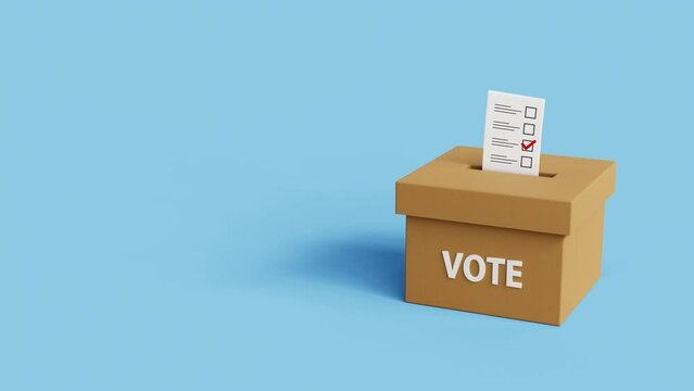 Vote into a ballot box during elections. Casting a vote in ballot box. Putting paper in ballot box. Voting or elections concept. 4k 3d loop animation