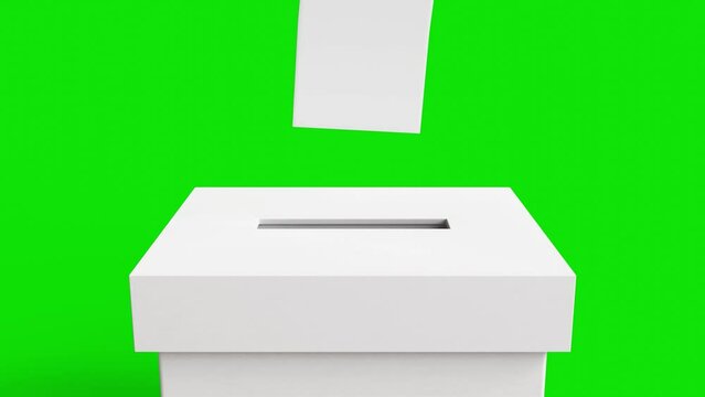 Vote into a ballot box during elections. Casting a vote in ballot box. Putting paper in ballot box on green screen for chroma key use. Voting or elections concept. 4k 3d loop animation