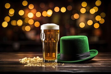 green beer and hat on st patricks day on pub background
