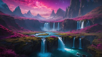 A mystical valley with floating islands, waterfalls cascading into the void, under an aurora of vibrant purples and pinks Generative AI - obrazy, fototapety, plakaty