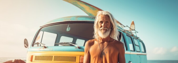 Bearded senior man with surfboard on the beach near his van. Sport concept. Vacation and Travel Concept with Copy Space.