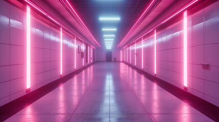 Fototapeta premium Architectural tunnel with modern lighting, showcasing a unique and futuristic corridor design with a blend of blue neon elements and abstract aesthetics