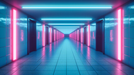 Modern corridor with blue lighting and architectural elements, creating an abstract and futuristic interior design with a focus on spaciousness and illumination