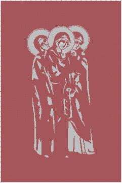 Christian vintage one color embroidery pattern. Red and white image of Myrrhbearers. Women with myrrh who came to the tomb of Christ early in the morning to find it empty