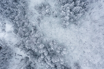 ドローン撮影：真っ白な雪に覆われた山 - obrazy, fototapety, plakaty