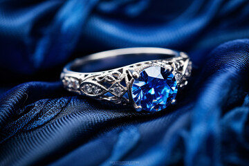 A beautiful sapphire and platinum engagement ring presented on blue silk cloth