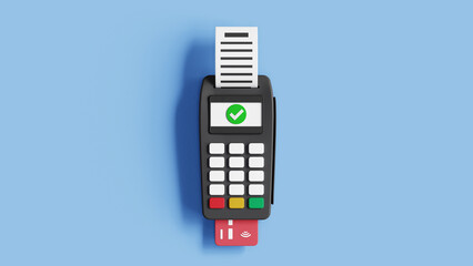 Paying for purchases with a credit card. Online payment terminal concept. Pos terminal. Contactless payment transaction. 3D pos terminal with bank card and receipt. 3d illustration - obrazy, fototapety, plakaty
