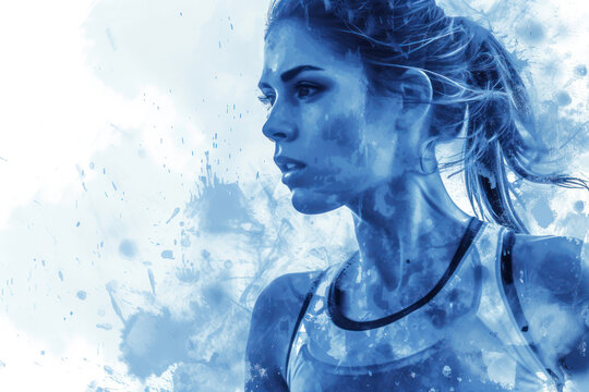 Athletic athlete in action, woman blue watercolor with copy space