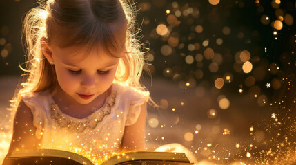 Little Girl Reading a Book in the Dark