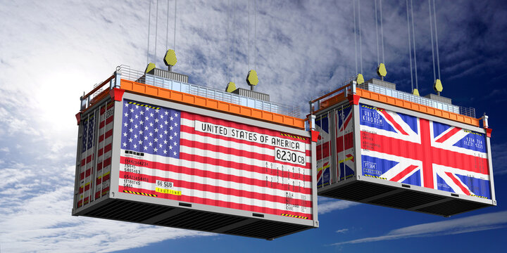 Shipping containers with flags of USA and United Kingdom - 3D illustration
