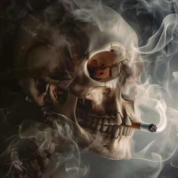 Skull with cigarette in smoke, conceptual image of smoking, bad habit. AI.
