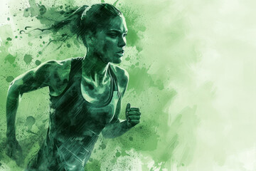 Athletic athlete in action, woman green watercolor with copy space